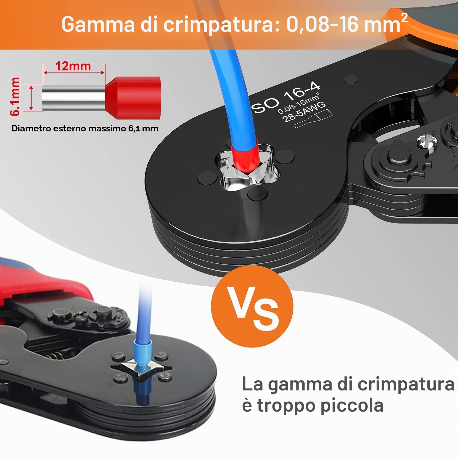 Pinza Crimpatrice Capicorda,Preciva Pinza per Terminali a Ghiera,Strumenti di Crimpatura Pinza a Quattro Lati per Cavi a Cricchetto Autoregolabile per Crimpare 0,08-16 mm²