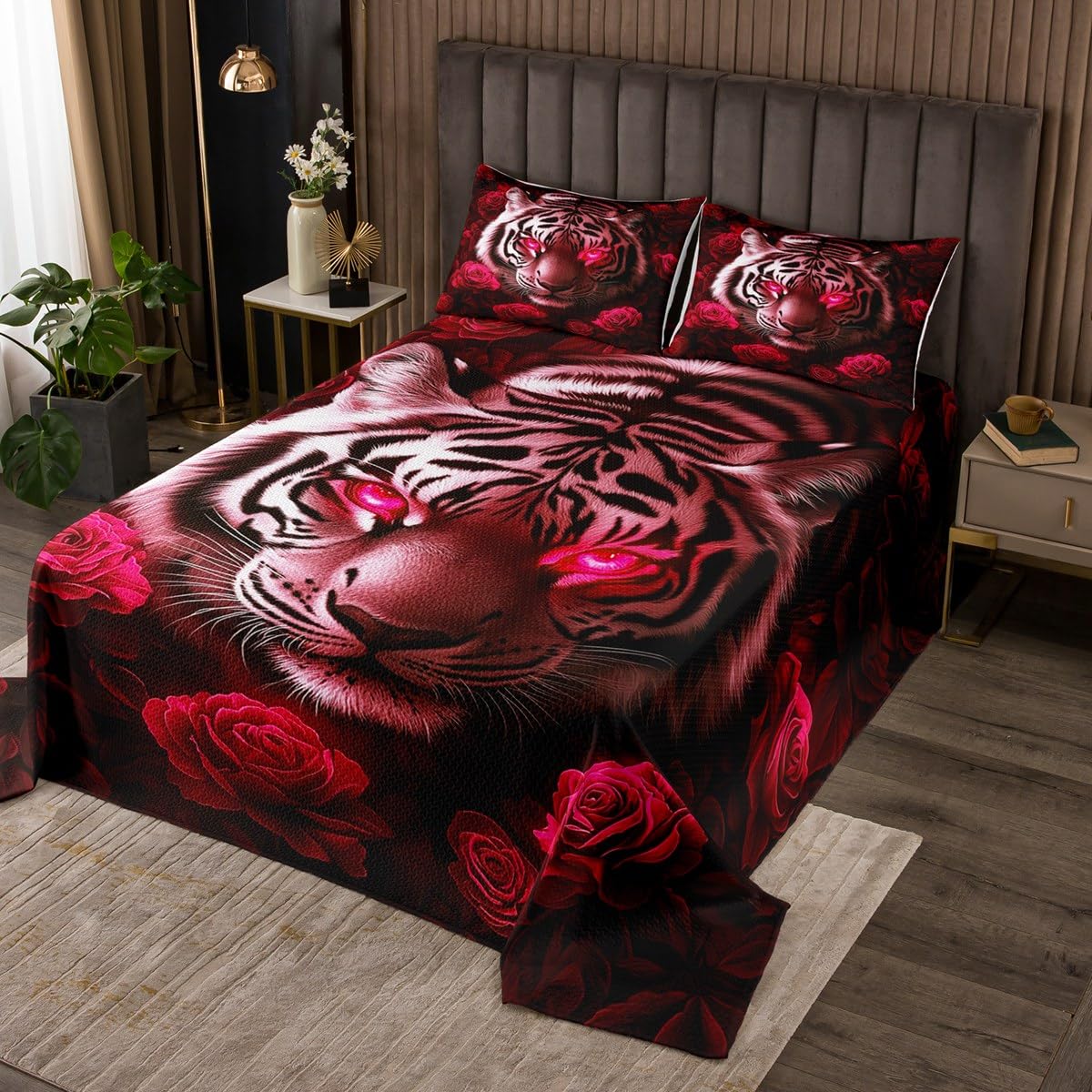 Erosebridal White Tiger Quilt Set Twin for Kids Boys Girls,Red Rose Coverlet Set,Chic 3D Tiger Bedspread Set,Romantic Valentine Day Bed Cover with 1 Pillow Sham Bedroom Decor