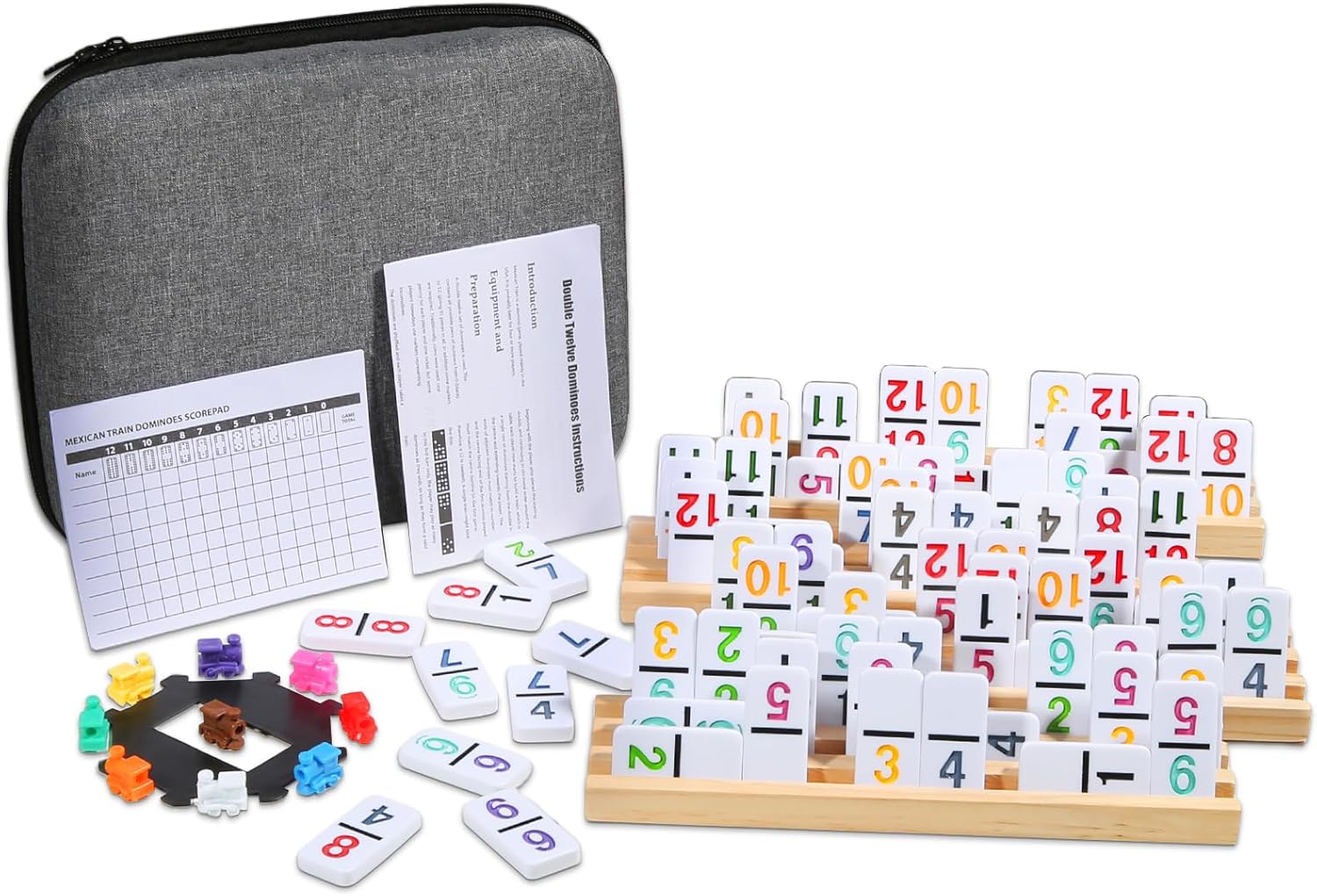 Mexican Train Numbers Dominoes with 4 Wood Trays, Color Double 12 Numerical Domine Set for Adults and Family, Classic 91 Tiles Board Grame with Waterproof Case