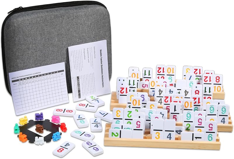 Mexican Train Numbers Dominoes with 4 Wood Trays, Color Double 12 Numerical Domine Set for Adults and Family, Classic 91 Tiles Board Grame with Waterproof Case