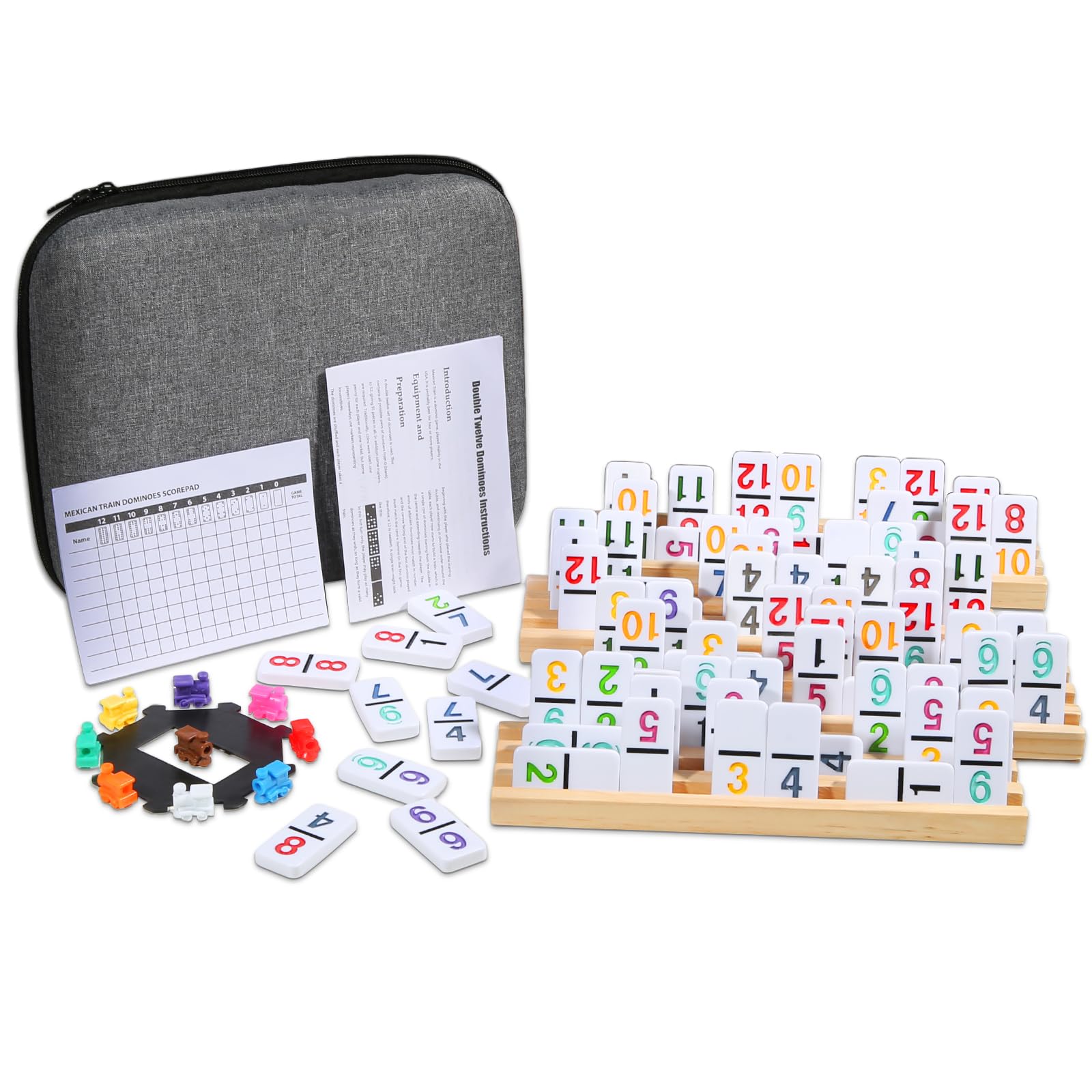 Mexican Train Numbers Dominoes with 4 Wood Trays, Color Double 12 Numerical Domine Set for Adults and Family, Classic 91 Tiles Board Grame with Waterproof Case