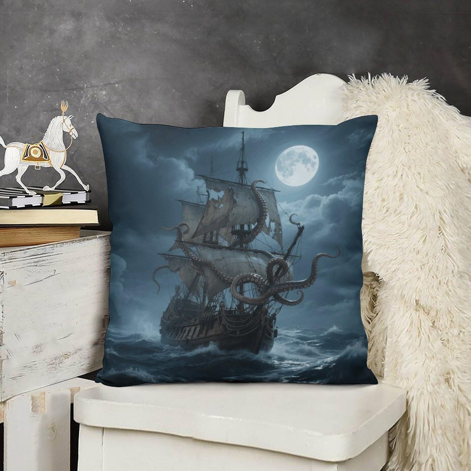 Boho Farmhouse Octopus Kraken Pirate Ship Ocean Pillow Covers with Hidden Zipper 18x18 Soft Plush Cushion Cover Decorative Throw Pillow Cases for Couch Bed Sofa Living Room Indoor Outdoor Home Dec