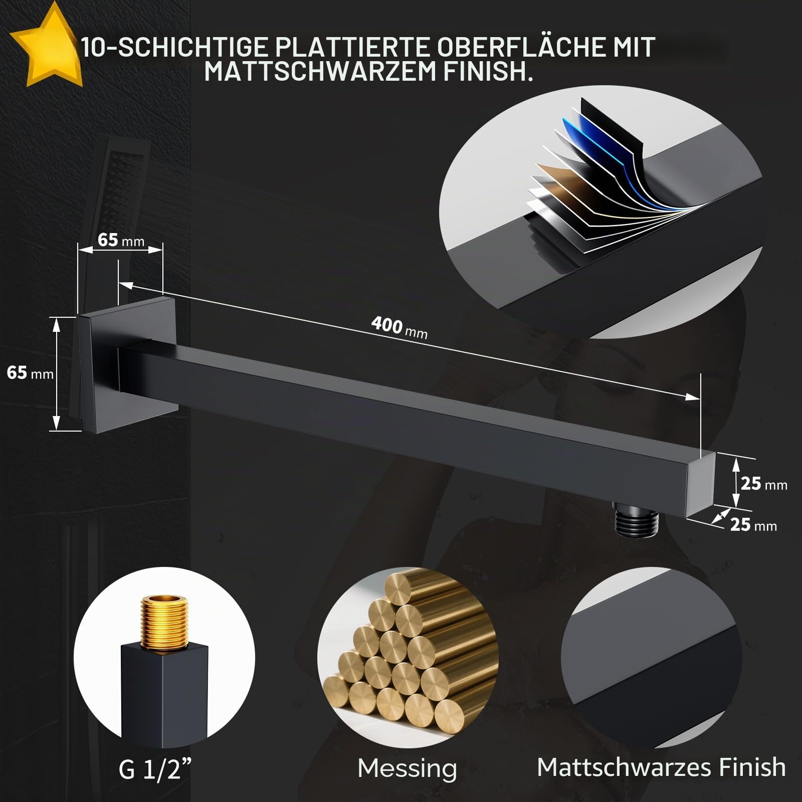 Rainsworth Unterputz Duscharmatur Set, 30x30cm Quadratischer Regenduschkopf mit Hochmoderne Air Injection Technology, Hochwertig Edelstahl und Messing Zubehör, Wandmontage Duschsystem Schwarz | Unterputz Duscharmatur Set mit 12 Zoll Regendusche, Unterputz