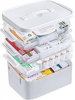 4-Tier Portable Medicine Cabinet Organizer, Large Medicine Storage Box with Handle, Plastic First Aid Box Empty, Multipurpose Medical Supply Organizer, Medication Storage with 3 Removable Tray