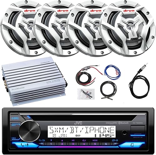 JVC KD-T91MBS - Reproductor de CD marino DIN único USB AUX Receptor Combo con 4 altavoces coaxiales de audio blanco de 6,5 150 W + Pyle 4 canales
