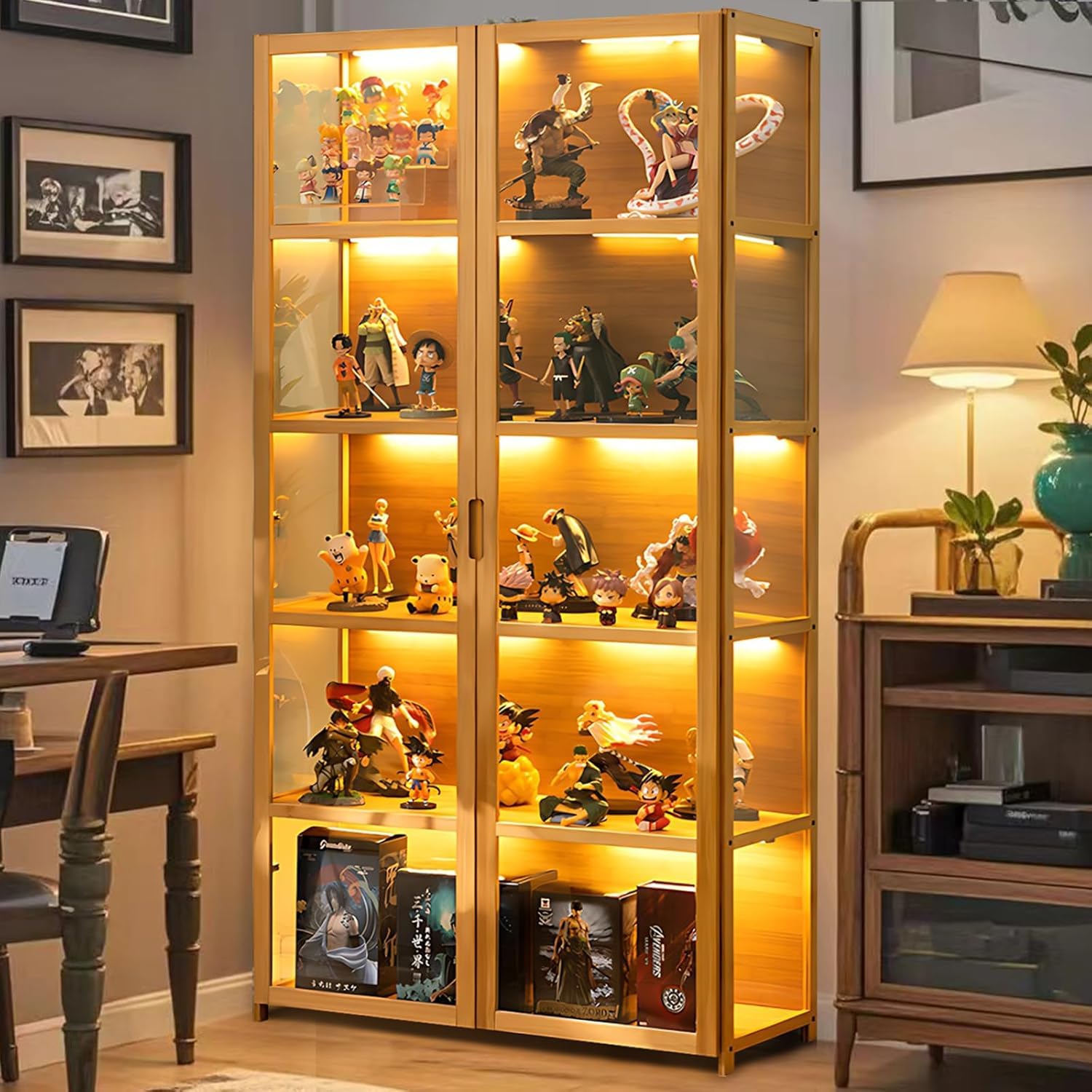 5-Tier Display Cabinet with Acrylic Glass Door, 65.5" High Display Case, Transparent Curio Cabinet&Bookcase for Collectibles, Toys, Books, for Playroom, Bedroom, Study Room