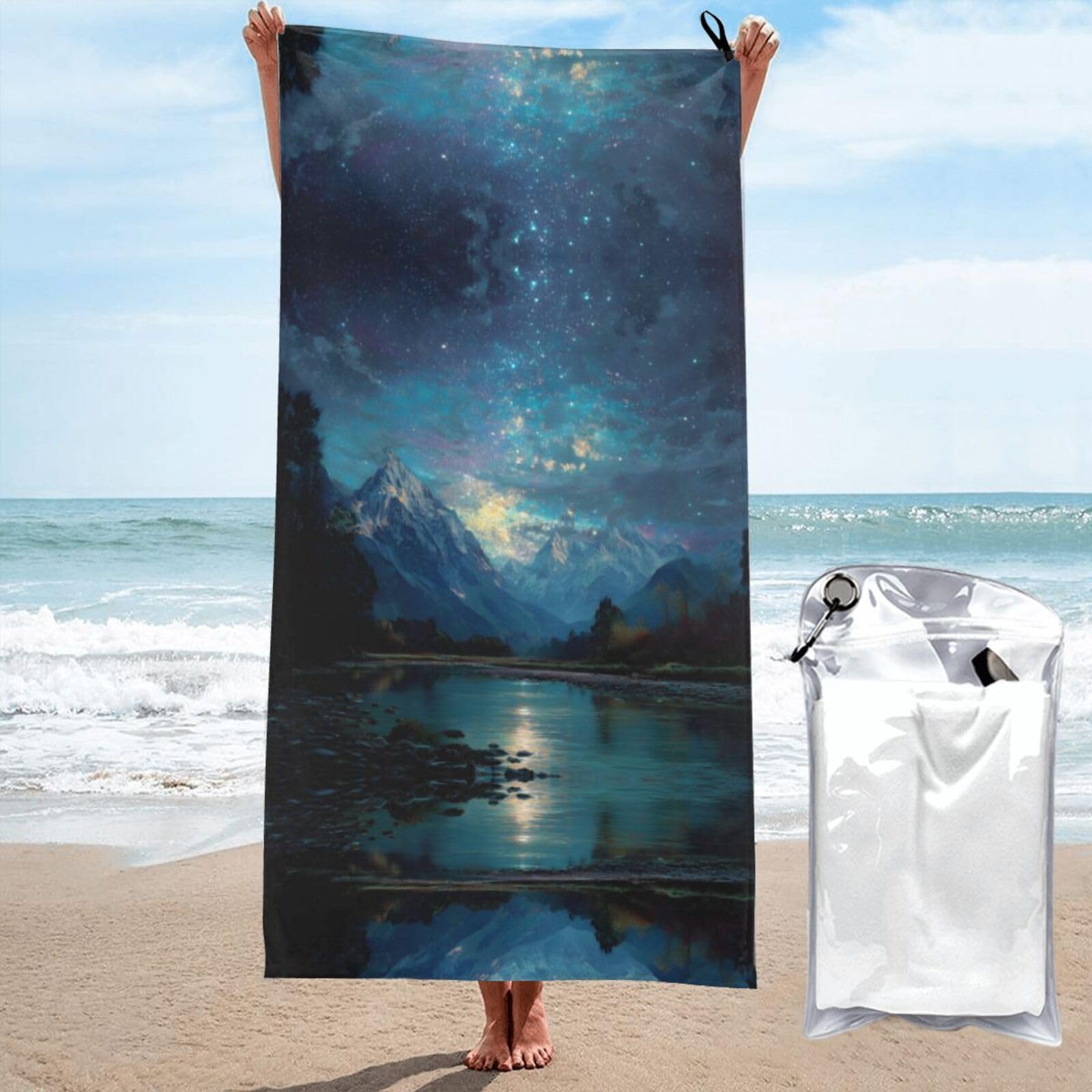 ESNAIUVCD Starry Sky Mountains Print Beach Towel, Microfibre Sauna Towel, Quick-Drying Fitness Towel, Lightweight And Thin Portable Sauna Towel