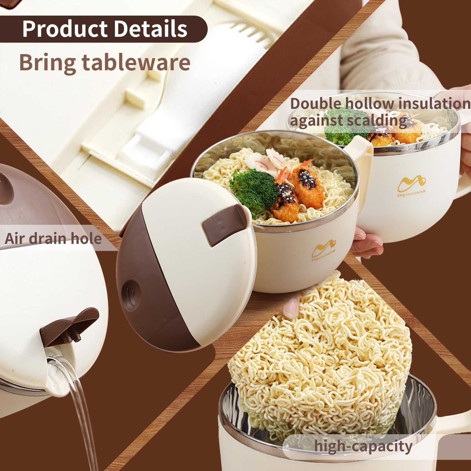 Instant Noodle Bowl - 1200ml Double-Insulated Stainless Steel Japanese Ramen Bowl with Lid and Handle, Brown, 1200 ML - Image 3