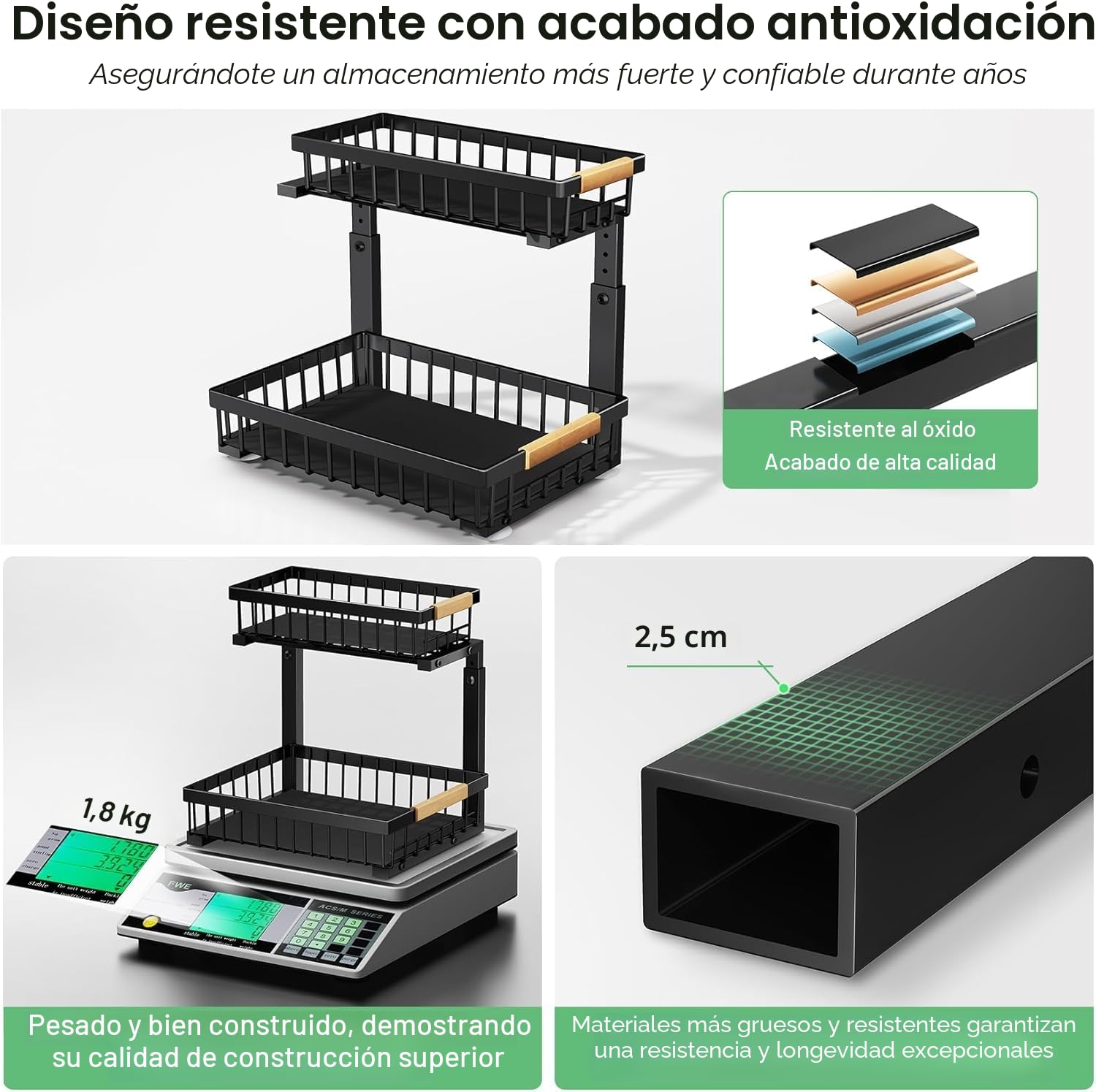 Kitstorack Metal Organizador Fregadero, 2 Niveles Organizador Extraíble Estante Almacenamiento Debajo Fregadero Para Cocina, Baño, Negro