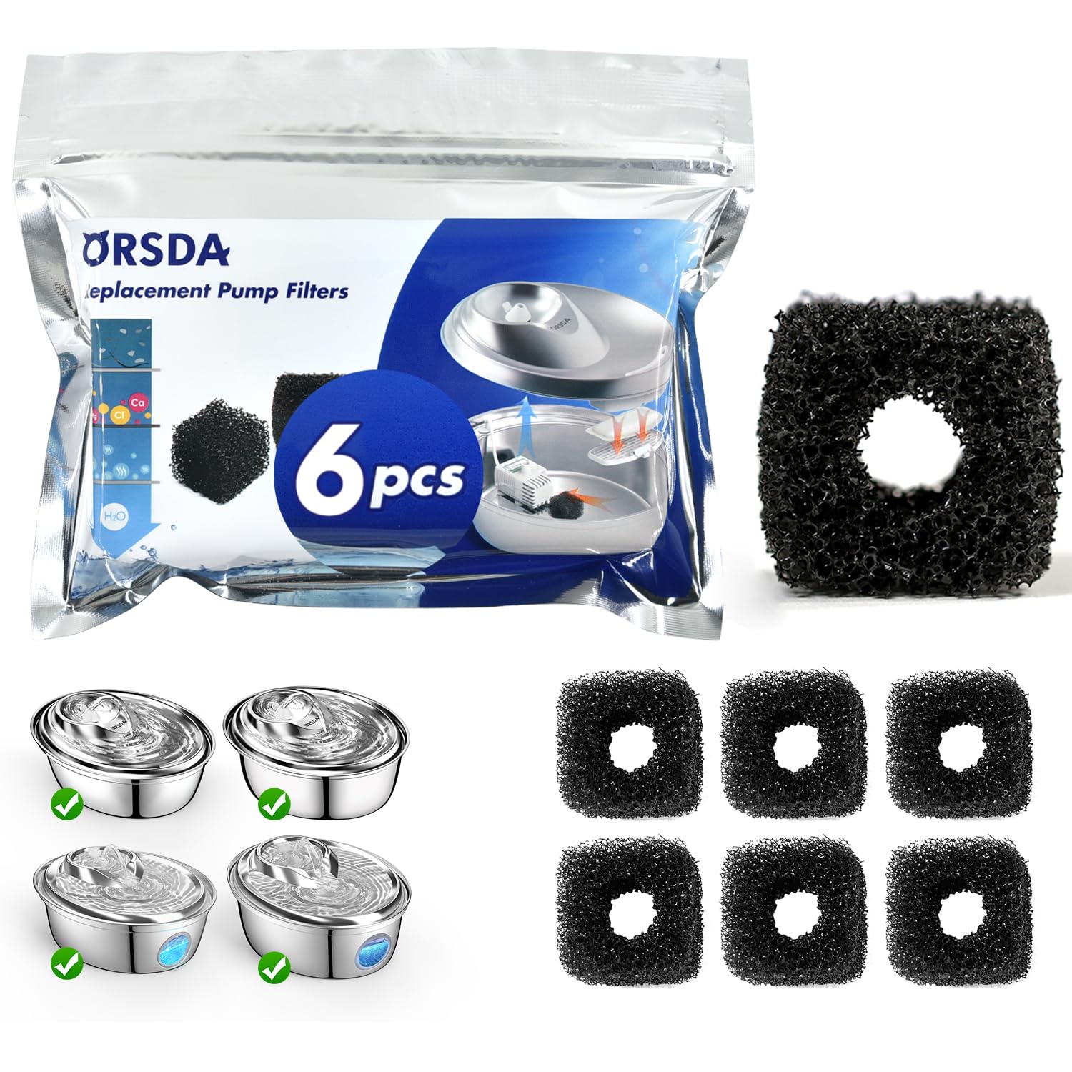ORSDA Pet Water Fountain Replacement Pump Filters - Compatible with All ORSDA/ZeePet Stainless Steel Dog and Cat Water Fountains (6Pcs Black Pump