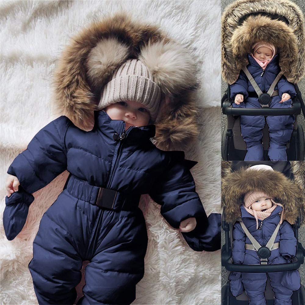 RNTOP Baby Girls Boys Snowsuit Infant Thicken Warm Winter Coat Toddler Hooded Jumpsuit Romper (Blue, 9-12 Months)