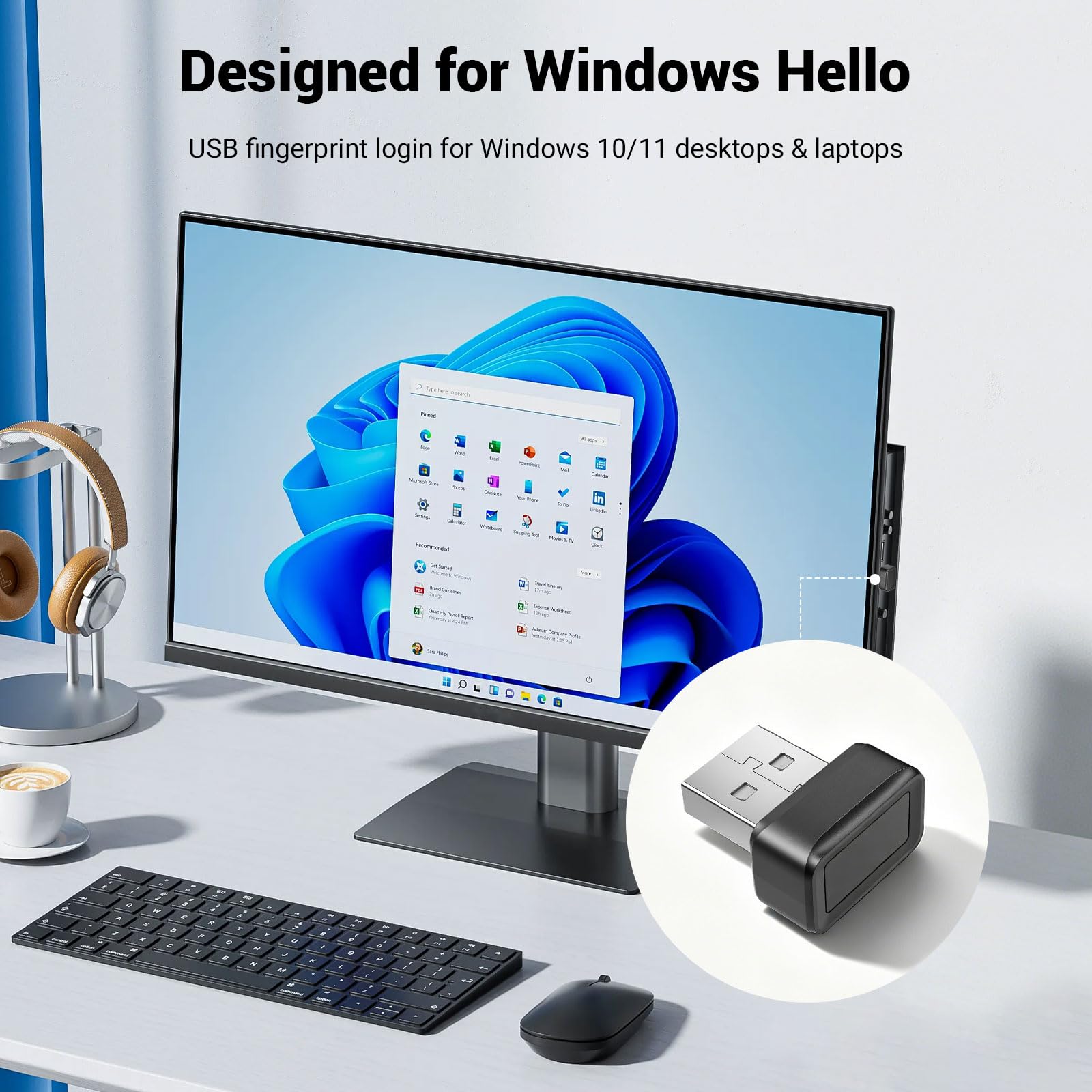 Lecteur d‘Empreintes digitales USB pour Windows Hello, Compatible avec Windows 11/10, Capteur 360°, clé de sécurité biométrique Plug & Play pour PC/Ordinateur Portable