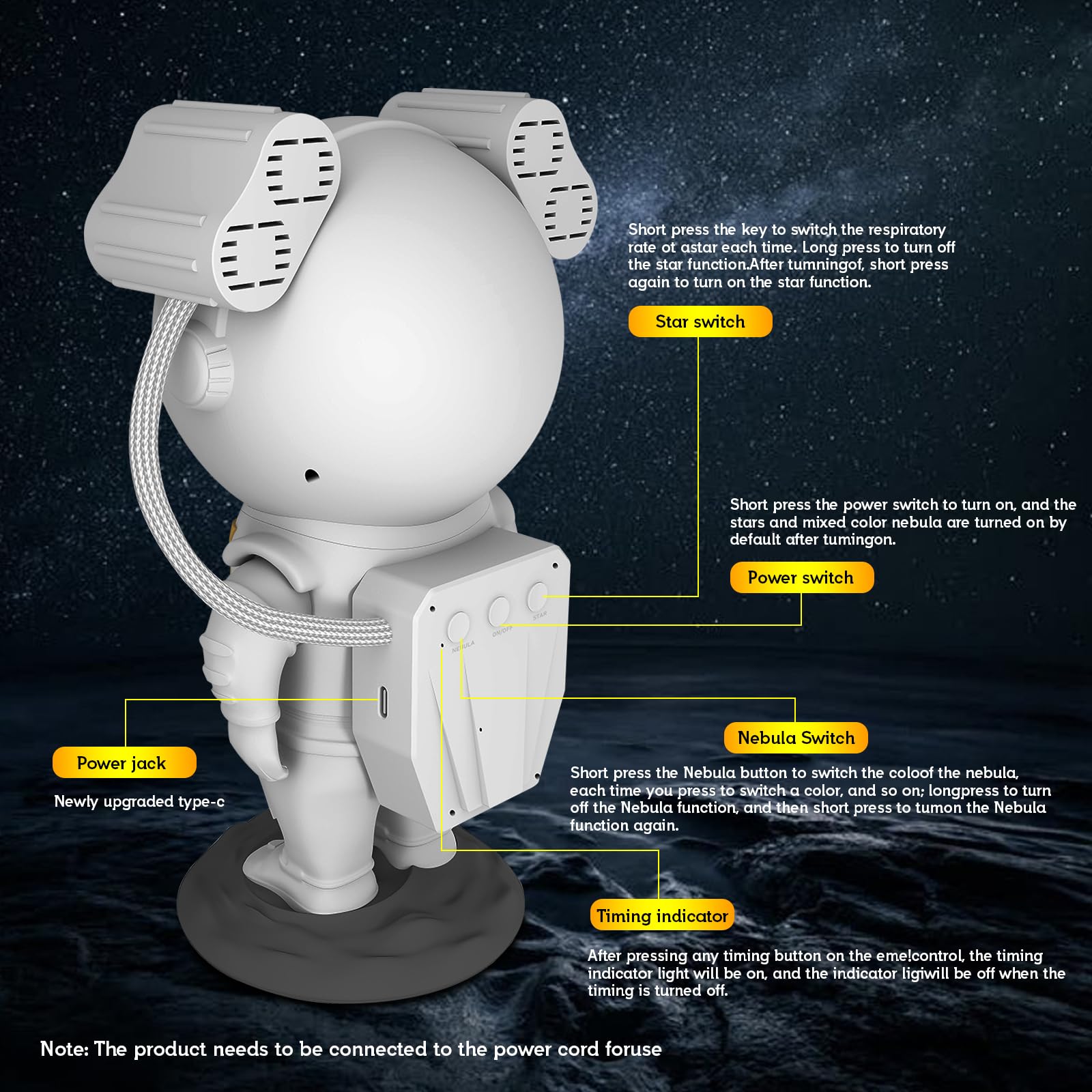 Astronauta Proiettore Stelle, Spaceman Galaxy Star Lampada Notturna，LED Star Cielo Stellato Projector Light con timer e telecomando,Luminosità e Velocità Regolabili, Regalo per Bambini e Adulti