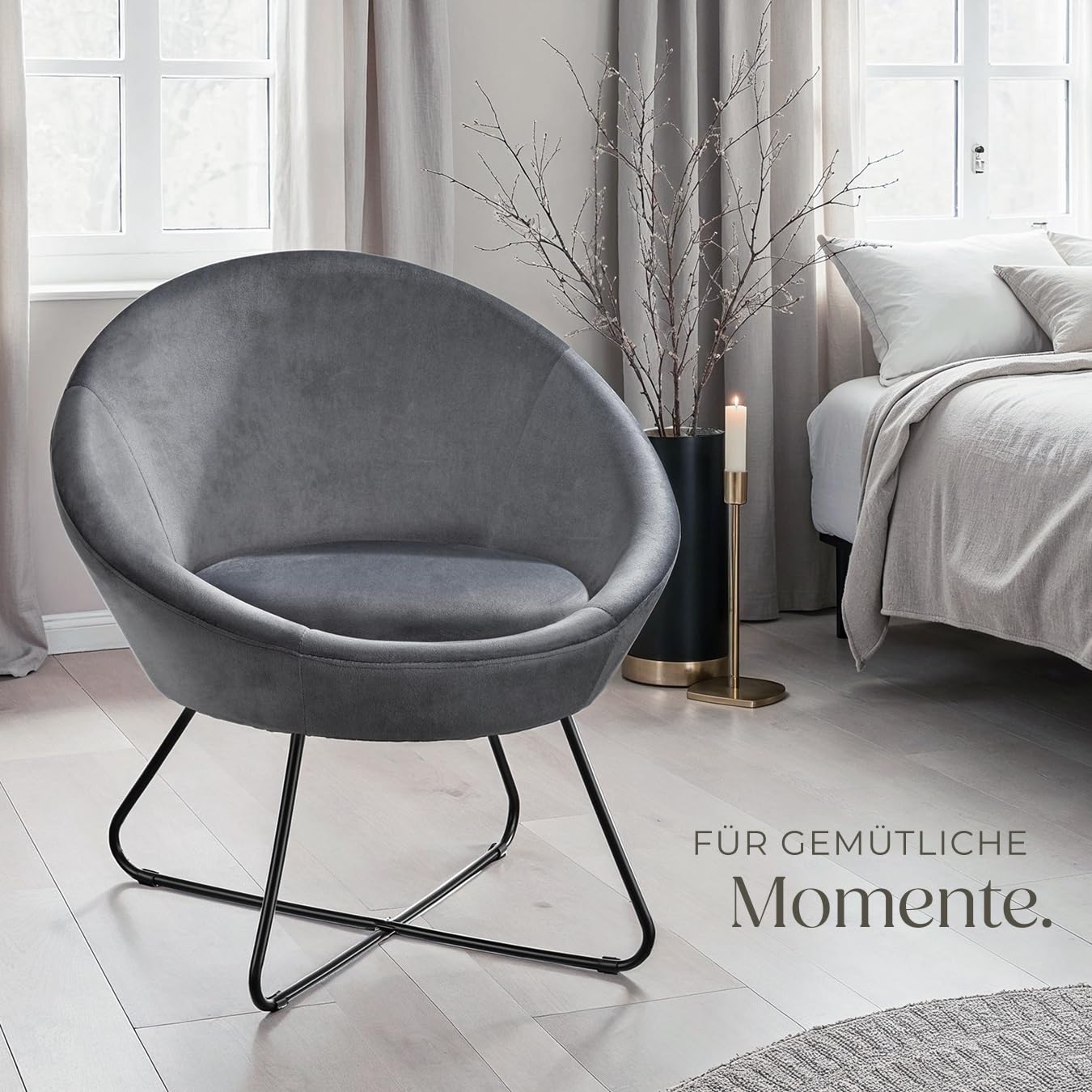 tectake® runder Samt Sessel, Cocktailsessel, Lesesessel mit durchgängiger Rückenlehne, Sessel Wohnzimmer, Polsterstuhl skandinavisch, Relaxsessel, Loungesessel, Esszimmermöbel - Samtoptik anthrazit