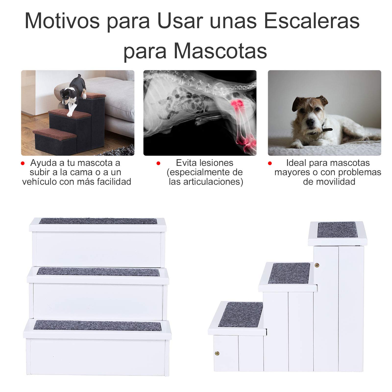 PawHut Escalera para Mascotas de Madera 3 Peldaños 40,5x44,5x38 cm Blanco | Escalera para Perros, Espacio de Almacenaje, Alfombra Antideslizantes, Carga 30 kg