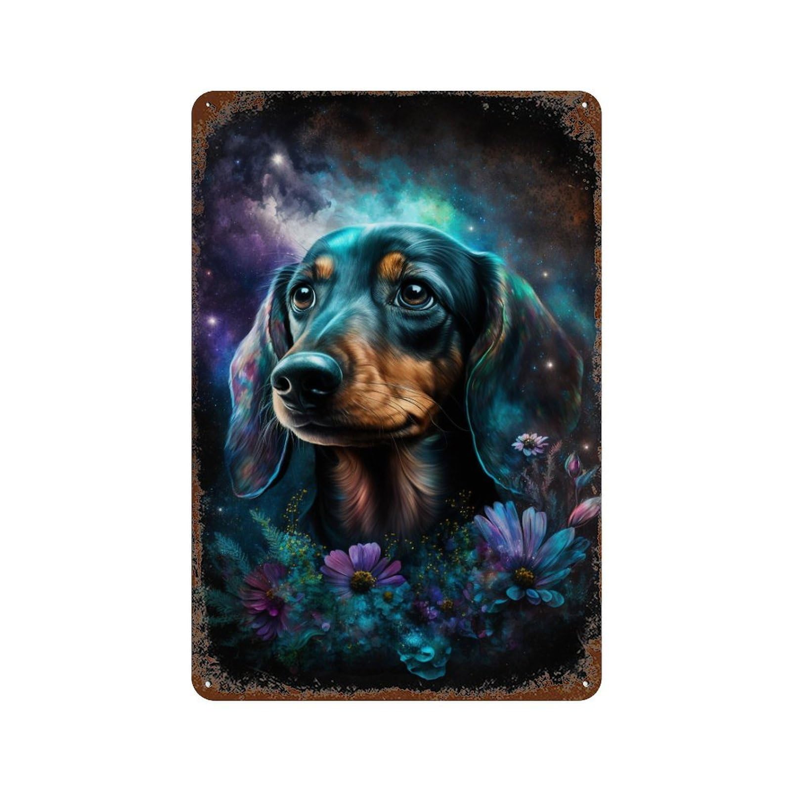 Rust Effect Galactic Dachshund with Flowers -10 Retro Metal Sign 11.8"x7.9", Farmhouse Wall Decor for Living Room, Hallway And Home Decor