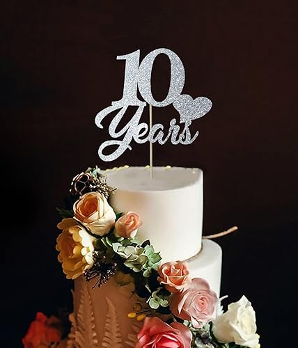 Miniatura 5 de Decoración para tartas de cumpleaños de 10 años con purpurina plateada, suministros de decoración de pastel de cumpleaños de 10 años, decoración de