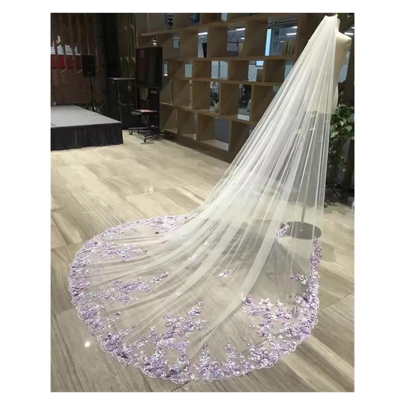 Veli da sposa con perle viola fiori 3D a pettine