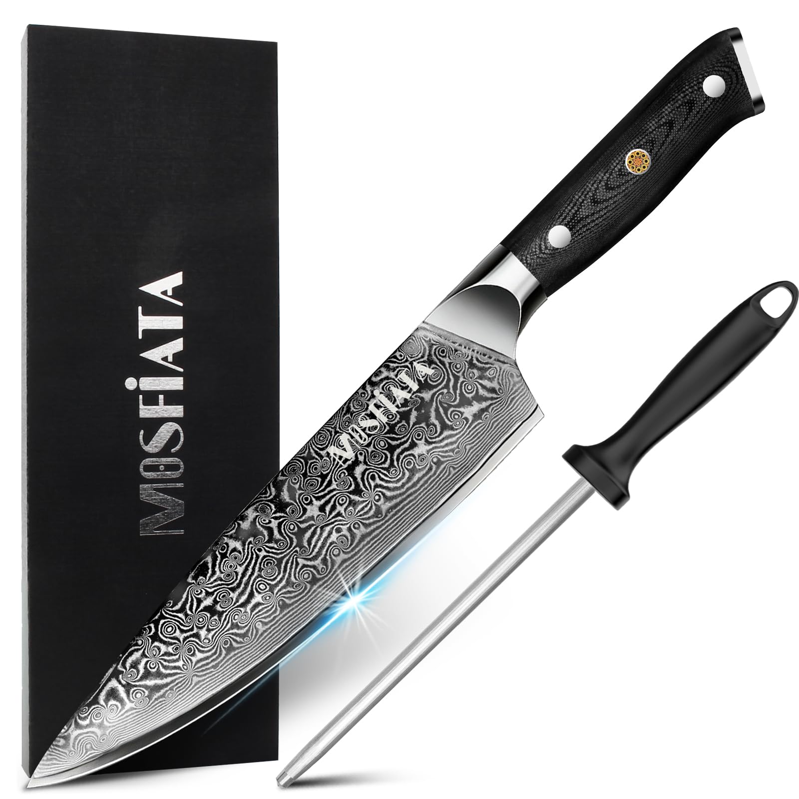 MOSFiATA Nóż ze stali damasceńskiej, 20 cm, nóż szefa kuchni, ze stali damasceńskiej, japoński, ostry, nóż szefa kuchni, profesjonalny nóż do mięsa, z ochroną palców, ostrzałka do noży, jako prezent