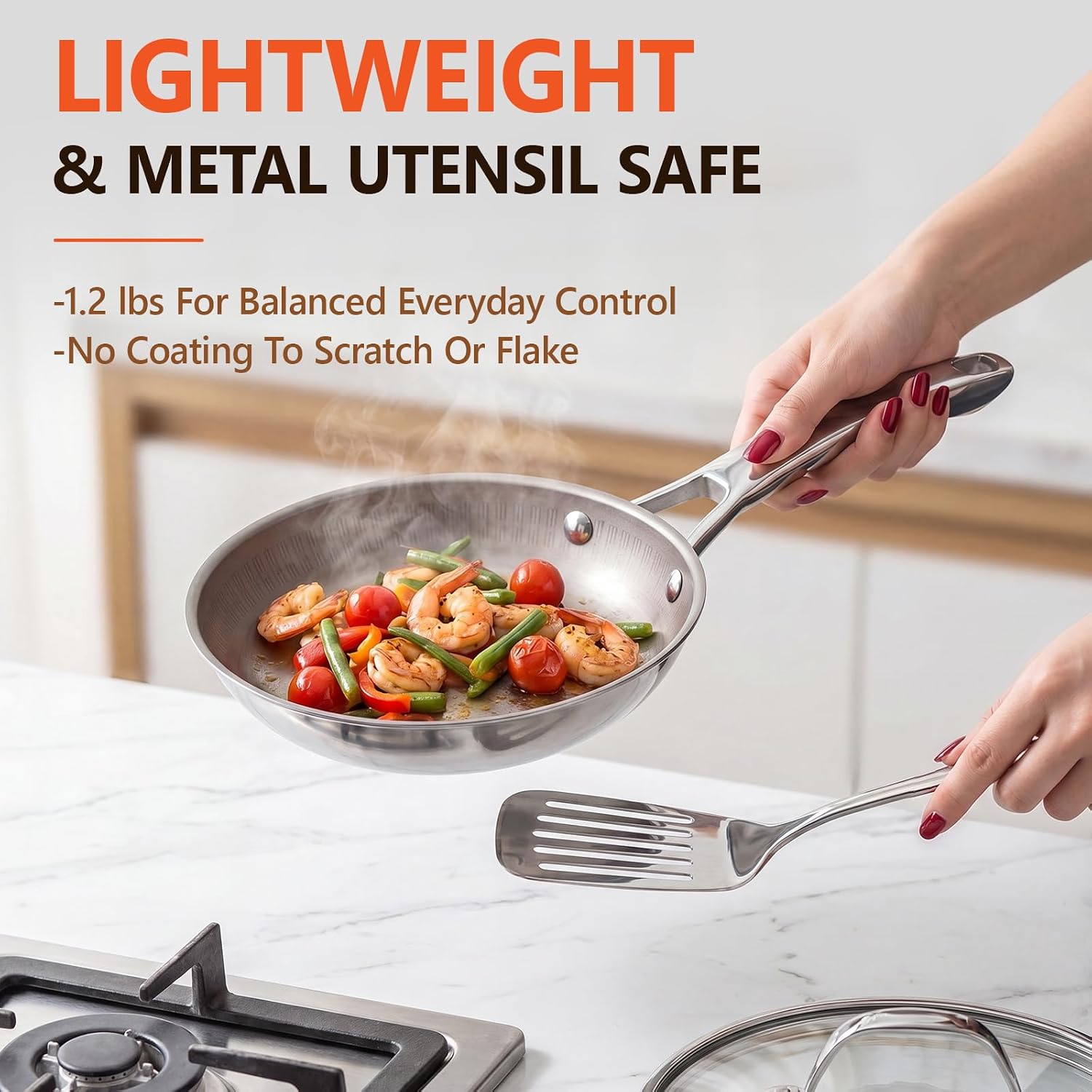 Titanium Frying Pan with Lid - 8" No Coating PFAS-Free Skillet, Tri-Ply Titanium & Stainless Steel, Induction & Dishwasher Safe