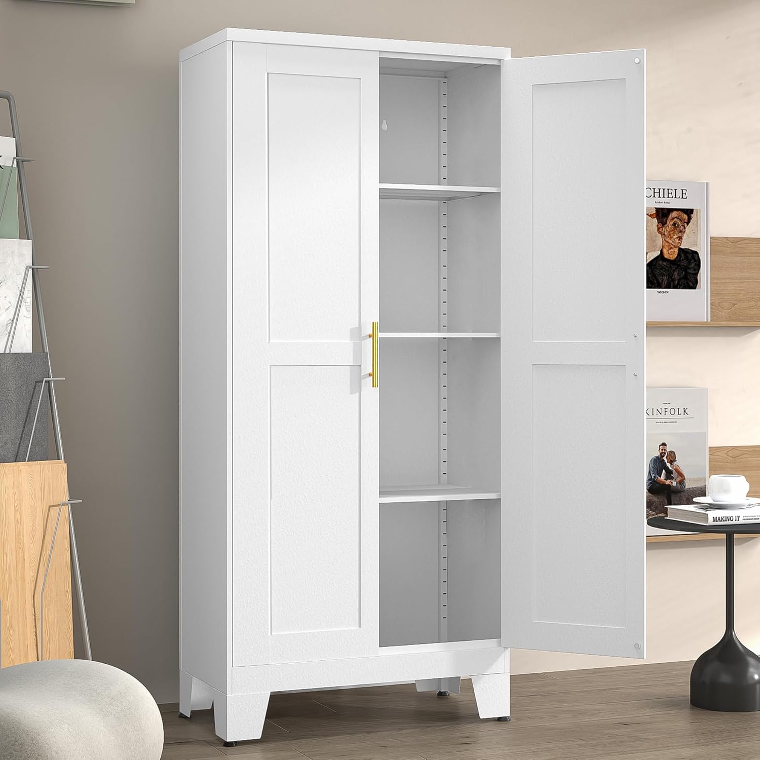 Metal Pantry Cabinet with 2 Doors and Adjustable Shelves – 61″ Kitchen Storage Cabinet with Gold Handles – Versatile Storage for Kitchen, Bathroom, Dining Room, Utility Room – White Metal Pantry Cabinet with 2 Doors and Adjustable Shelves – 61″ Kitchen Storage Cabinet with Gold Handles – Versatile Storage for Kitchen, Bathroom, Dining Room, Utility Room – White