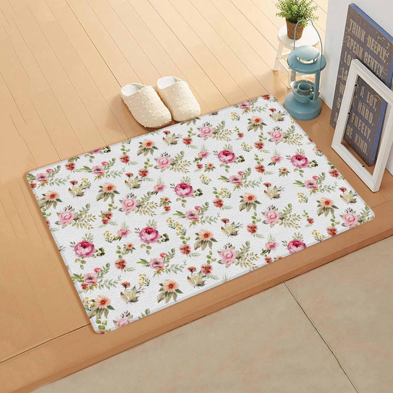 Vintage Flower Kitchen Bath Door Mat Cushioned Runner Rug,Washable Welcome Floor Sink Antifatigue Mat,Waterproof & Non-Slip Comfort Standing Doormat,Spring Summer Plant Leaves Simple White 24
