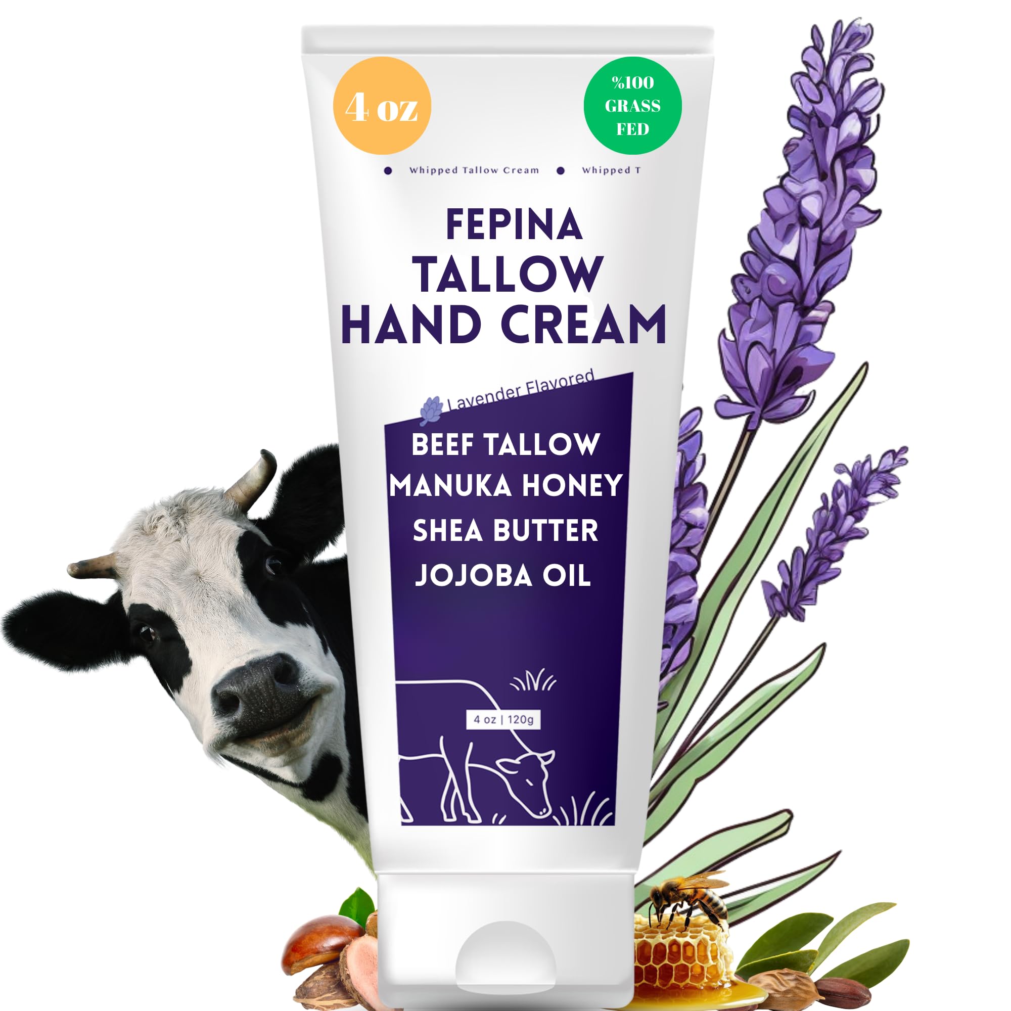Beef Tallow Hand Cream – Grass Fed Tallow Moisturizer for Face & Hands with Shea Butter & Manuka Honey (4.23 oz)