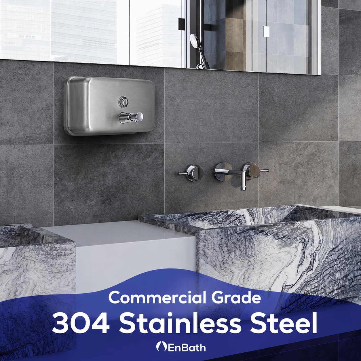 EnBath Dispensador de jabón comercial de montaje en pared, dispensador de jabón horizontal de acero inoxidable montado en la pared para baño, nuevo diseño superior con bomba antifugas y forro a prueba