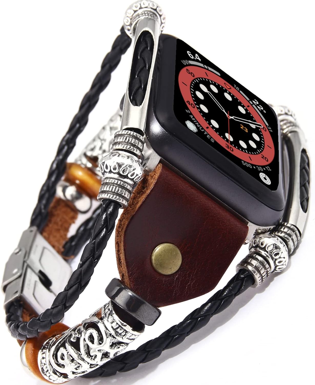 UNKNOK Compatible with Apple Watch Band 38mm 40mm 42mm 44mm, Leather Bracelet Bands for iWatch Series SE 6 5 4 3 2 1, Handmade Adjustable Vintage Multilayer Metal Cuff Retro Strap for Men Women