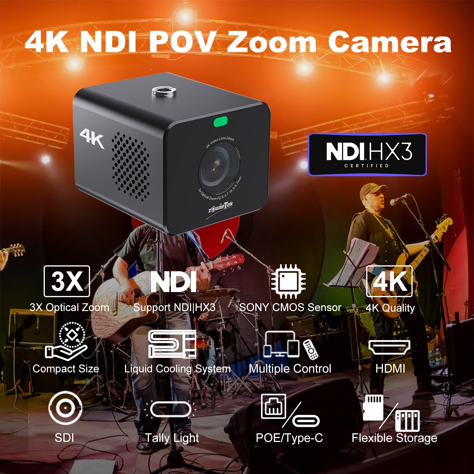 zowietek Kamera 4K POV z zoomem NDI|HX3, ZowieCam, automatyczne ustawianie ostrości, wyjście SDI, HDMI i UVC, 3-krotny zoom optyczny, kompaktowy rozmiar, mobilne elastyczne sterowanie, zasilanie PoE