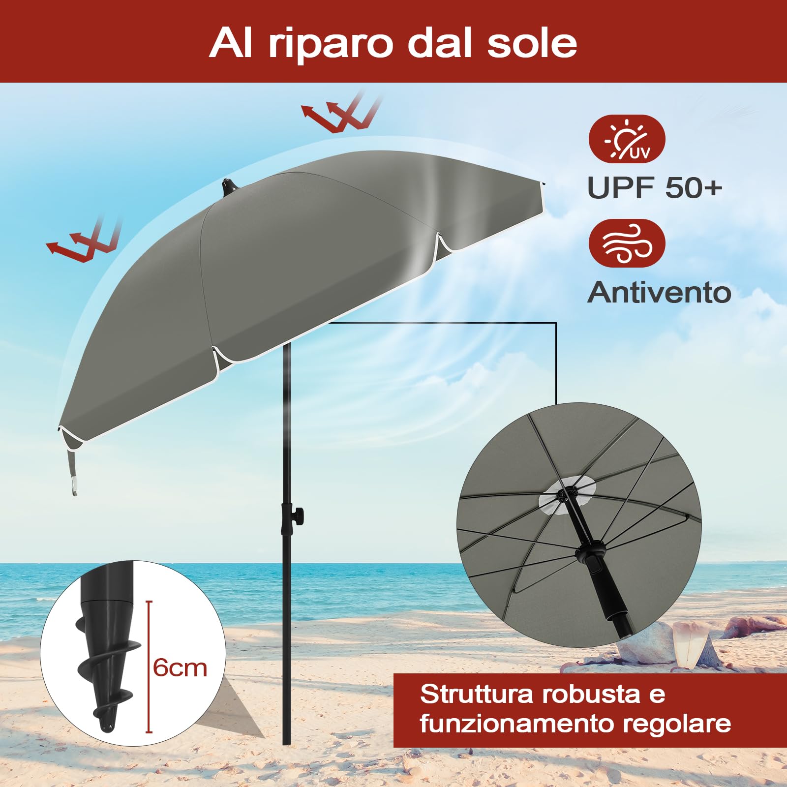 Laneetal Ombrellone da Spiaggia UV UPF 50+ φ135/155/175cm Regolabile in Altezza Portatile con Borsa