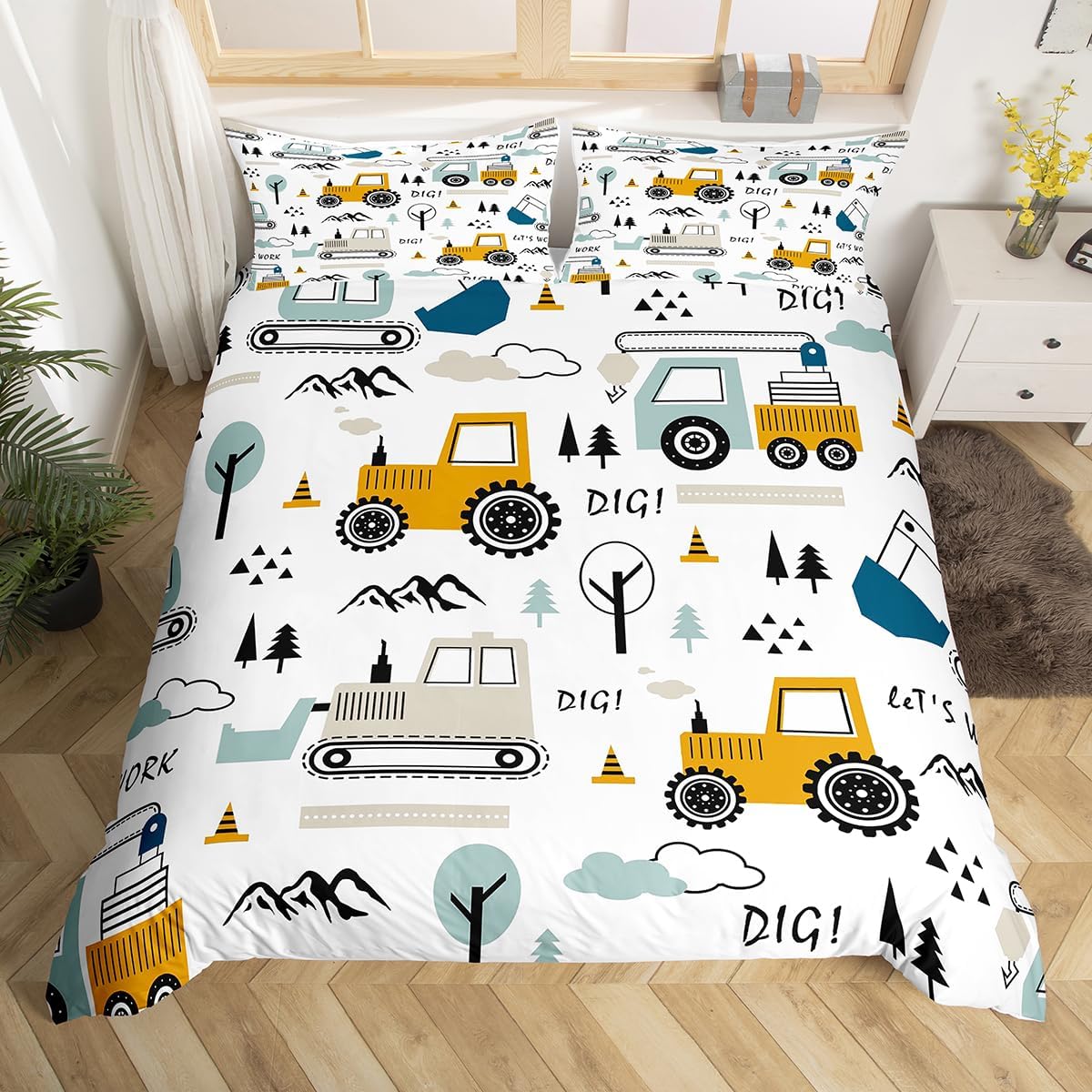 Cartoon Car Kids Bedding Set Construction Bedding Duvet Cover Set Queen Size Boys Decor Equipment Trucks Comforter Cover Set Excavator Tractor White Yellow Bedspread Cover Bedroom Quilt Cover 3Pcs