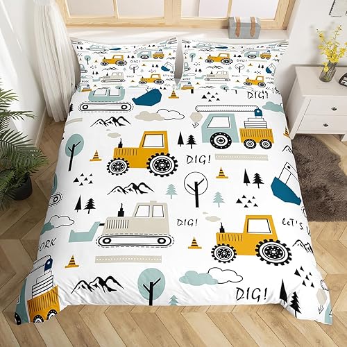 Feelyou Juego de ropa de cama de coche de dibujos animados para niños, juego de funda de edredón de construcción para niños, equipo de decoración,