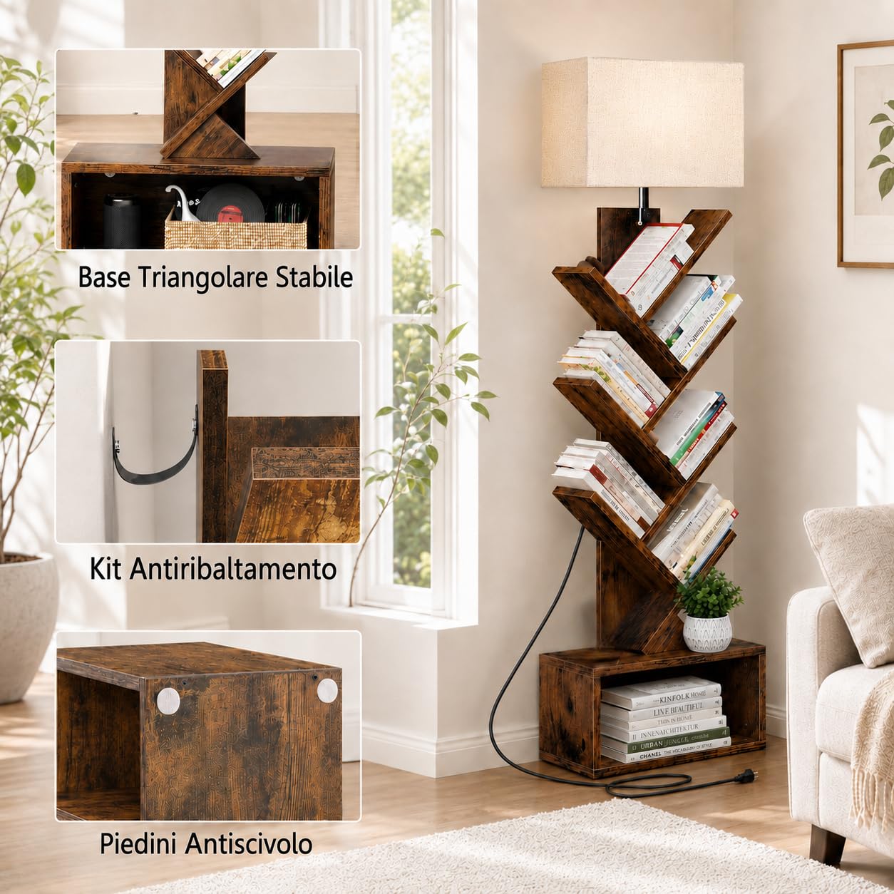 Libreria ad Albero a 6 Ripiani con Lampada da Terra, Lampadina LED E27 da 12 W e 3 Temperature di Colore, Scaffale Angolare Salvaspazio con Vano per Soggiorno, Camera, Studio e Piccoli Spazi
