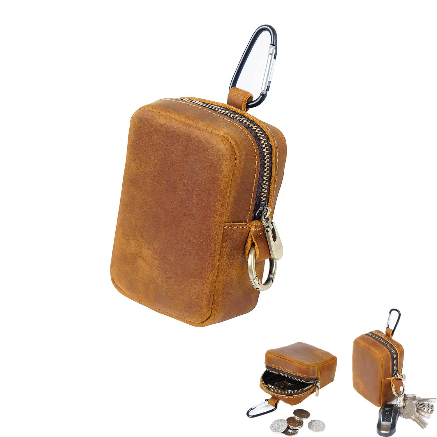 RRBMMH Crazy Horse Leather Coin Purse Retro Zipper Wallet Genuine Leather Coin Pouch for Men Small Leather Change Purse with Key Ring for Travel