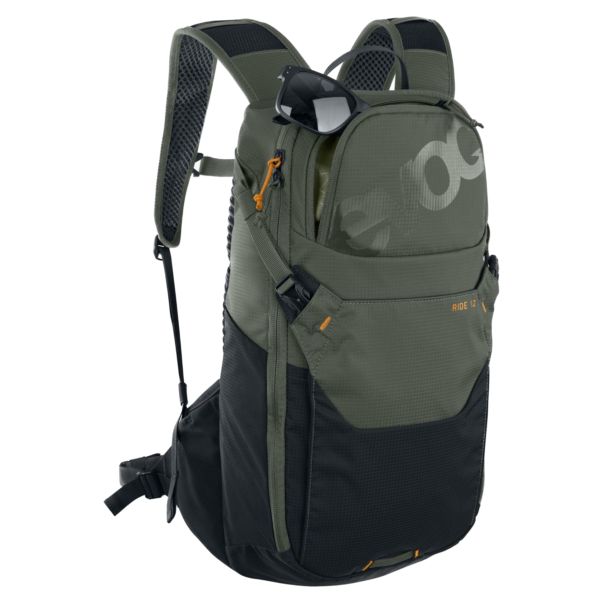 EVOC RIDE 12 Protektor Fahrradrucksack, Trekkingrucksack für Trails & Alltag (cleveres Taschenmanagement, AIR-PAD-Rückenpolsterung, Helmhalterung, Backpack inkl. 2l Trinkblase), Dunkeloliv/Schwarz