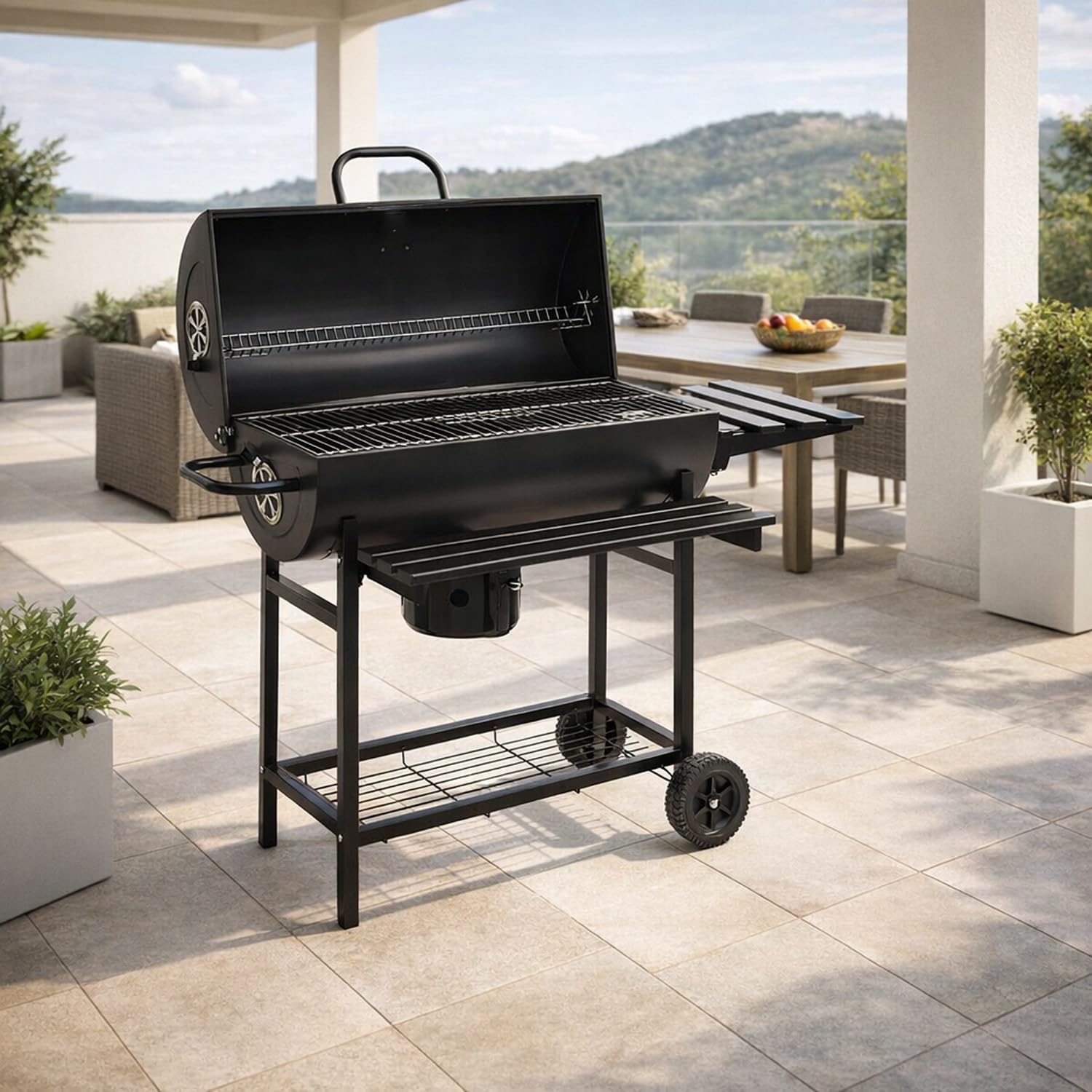 Barbecue A Carbone Con Coperchio Termometro Integrato Grill BBQ In Acciaio Con Ruote Ripiani E Ventilazione Regolabile Pinza E Guanti Ideale Per Giardino Terrazzo E Balcone 112 x 63.5 x 97 Cm Nero