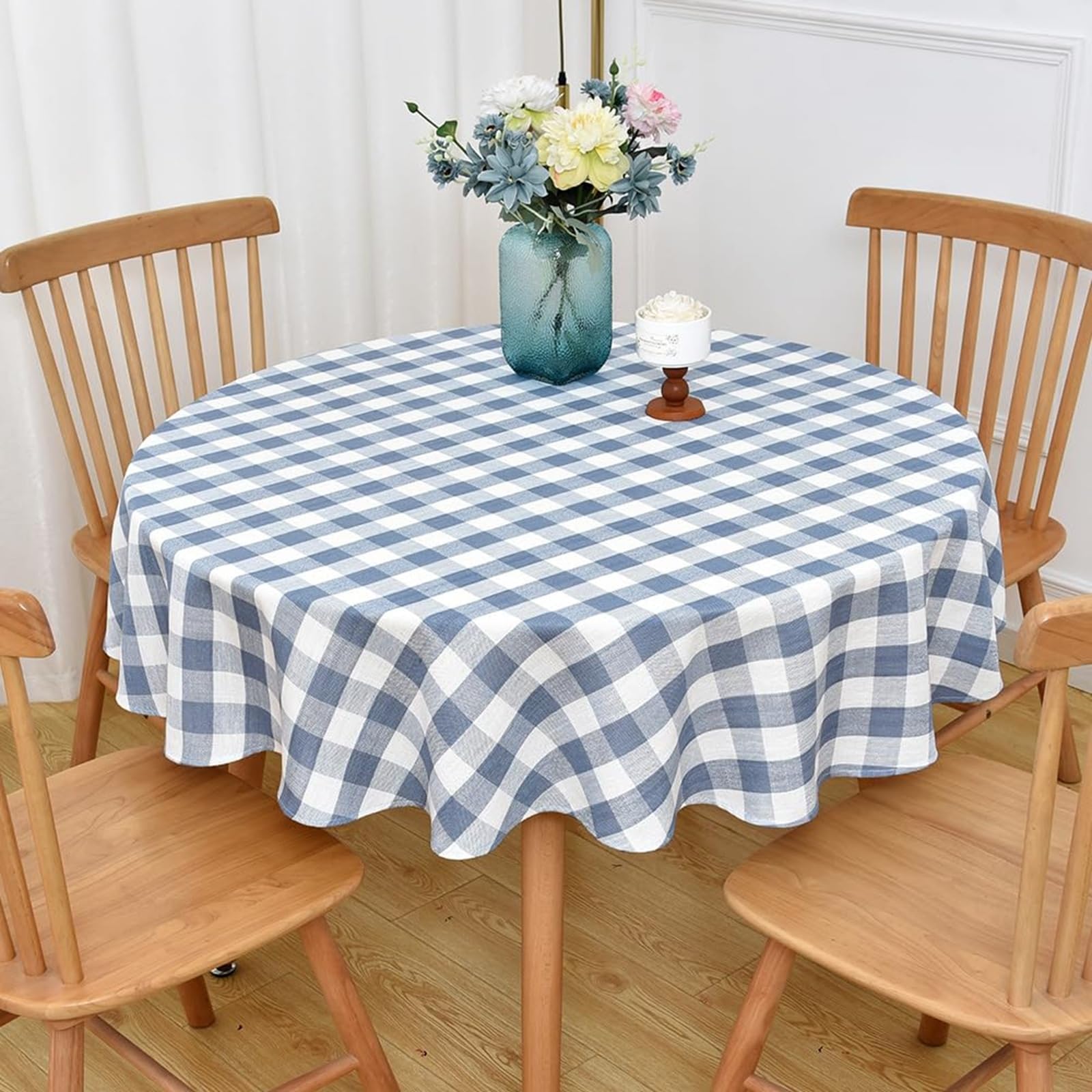 Yofori Gingham Round Tablecloth, 135cm Heavy Duty Cotton Blend Checkered Table Cloth Round Table Cover for Kitchen Dining Outdoor Picnics (Blue, 53 inch)