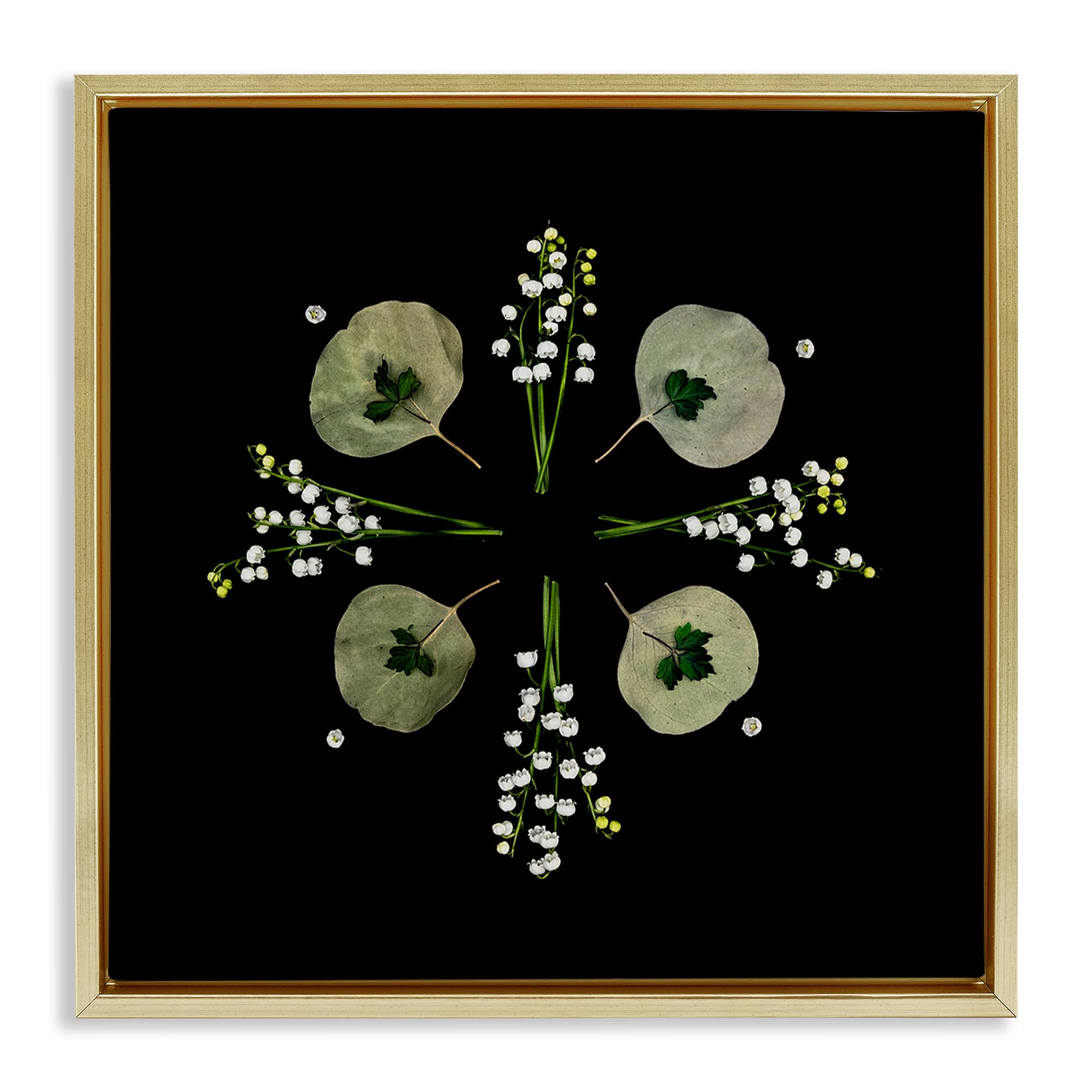 Stupell Industries Metallic Gold (Matte) 'Leaves & Wildflowers On Black'| Floating Frame Canvas Art