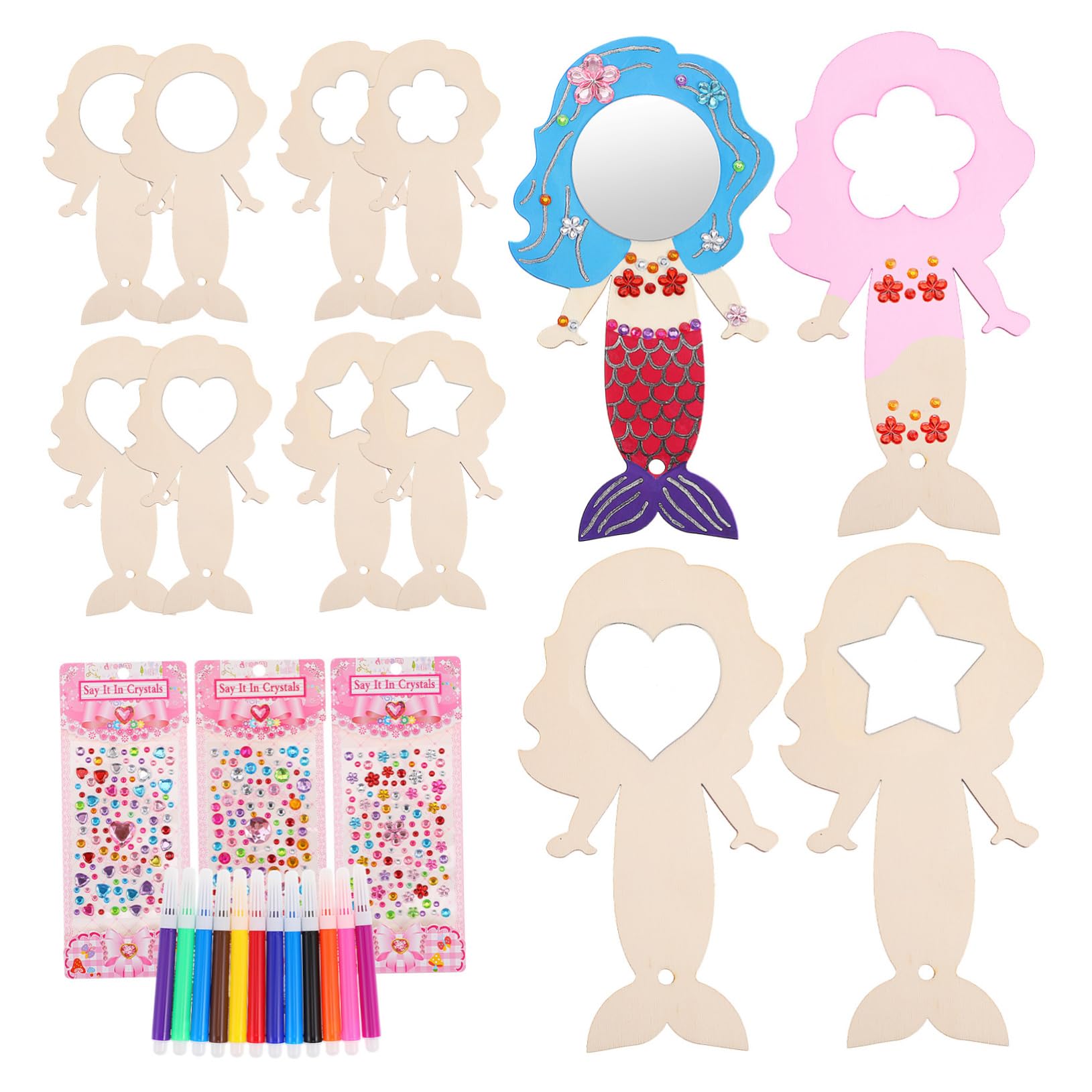INOOMP 1 Set Mermaid Handheld Mirror Craft Kit with Pens and Decorative Gems for DIY Crafts and Birthday Party Activities