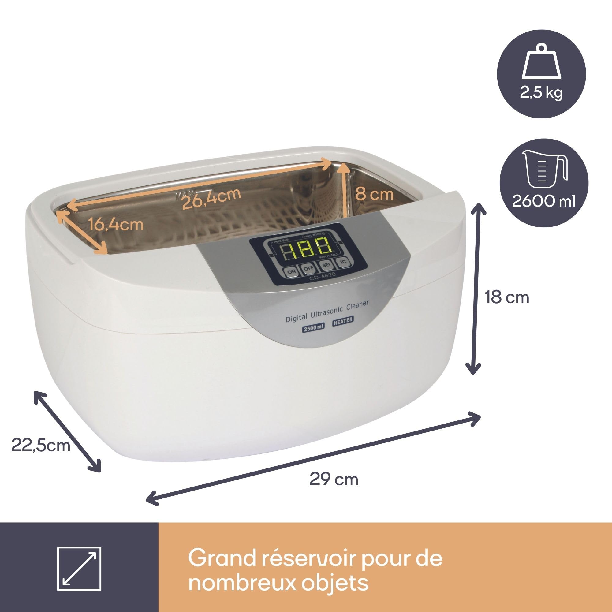 Perel Nettoyeur à ultrasons 2.6 L, 35 kHz nettoyeur bijoux et lunettes, cuve inox, minuterie digitale 5 cycles, nettoyage profond sans rayures, blanc
