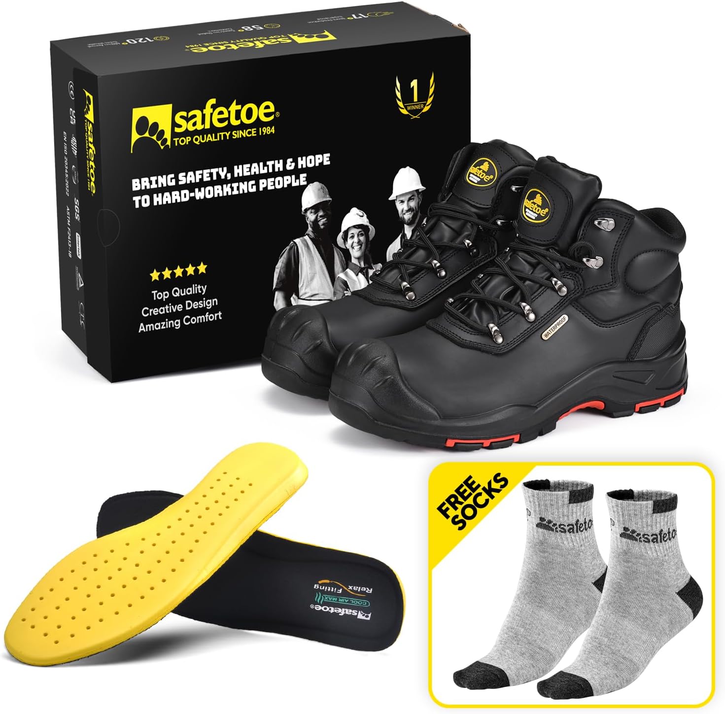 Safety Boots for Men Waterproof Work Boots Cow Leather Slip On Composite Toe Cap Work Shoes Wide Fit