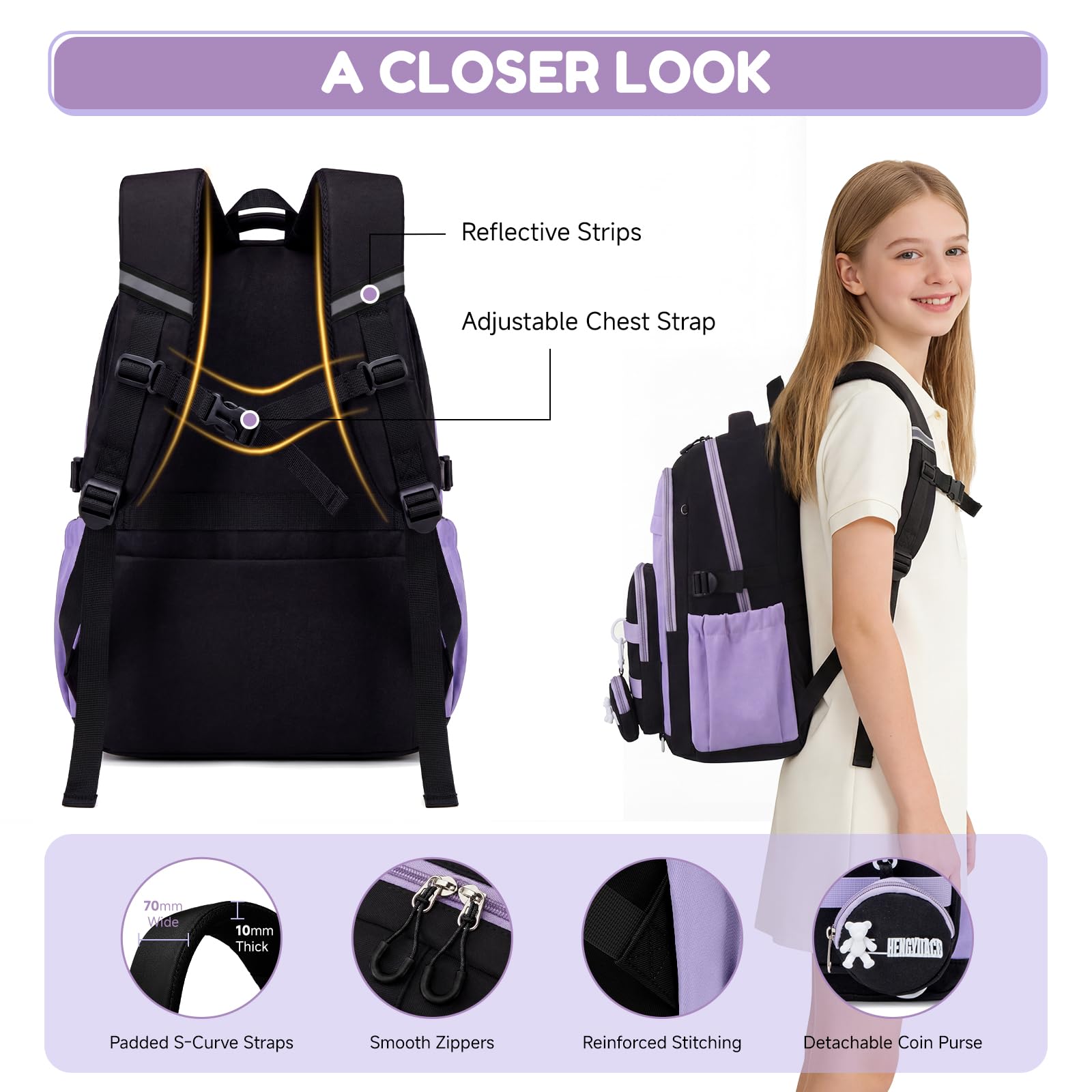 Amythe Sac à Dos Fille Collège, Ensemble de Cartable Léger, Violet