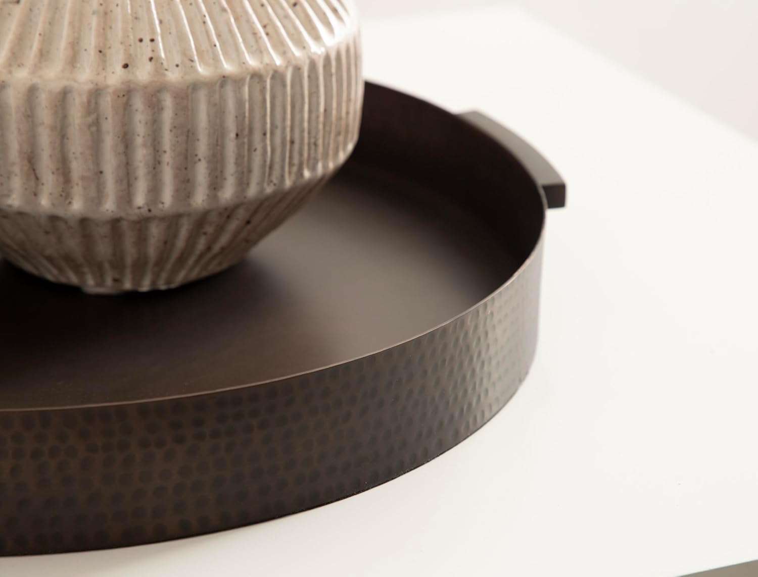 Kate and Laurel Samana Modern Round Metal Tray; 17 Inch Diameter; Bronze; Polished Decorative Circle Tray with Hammered Surface for Use as Ottoman Tray or Serving Tray