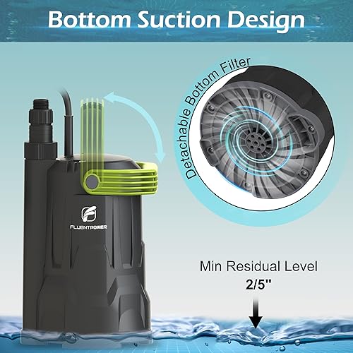 Miniatura 5 de FLUENTPOWER Bomba de sumidero, bomba de agua sumergible de 1/2 HP, bomba utilitaria de 2500 GPH de control manual para piscina, jardín, estanque