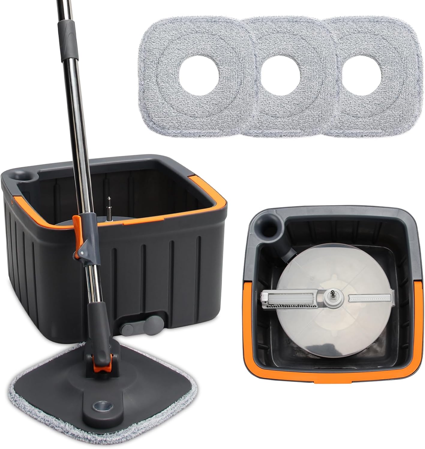 Spin Mop and Bucket Set with Self Separation Dirty and Clean Water System,Self Wringing 360° Rotating Square Clean Mop and Bucket with Wringer,Home Floor Tile Cleaning(3 Thick Mop Pads)(Black) Spin Mop and Bucket Set with Self Separation Dirty and Clean Water System,Self Wringing 360° Rotating Square Clean Mop and Bucket with Wringer,Home Floor Tile Cleaning(3 Thick Mop Pads)(Black)