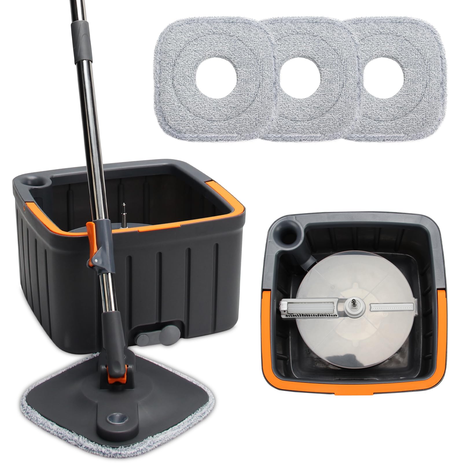 Juego de fregona cuadrada giratoria y cubo con escurridor con sistema de separación de agua sucia/limpia para limpieza del piso del hogar (3 almohadillas gruesas lavables a máquina) (negro)