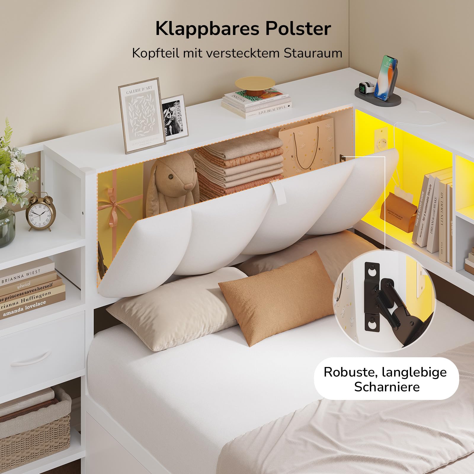 Cama juvenil de 90x200 in, color blanco con LED, espacio de