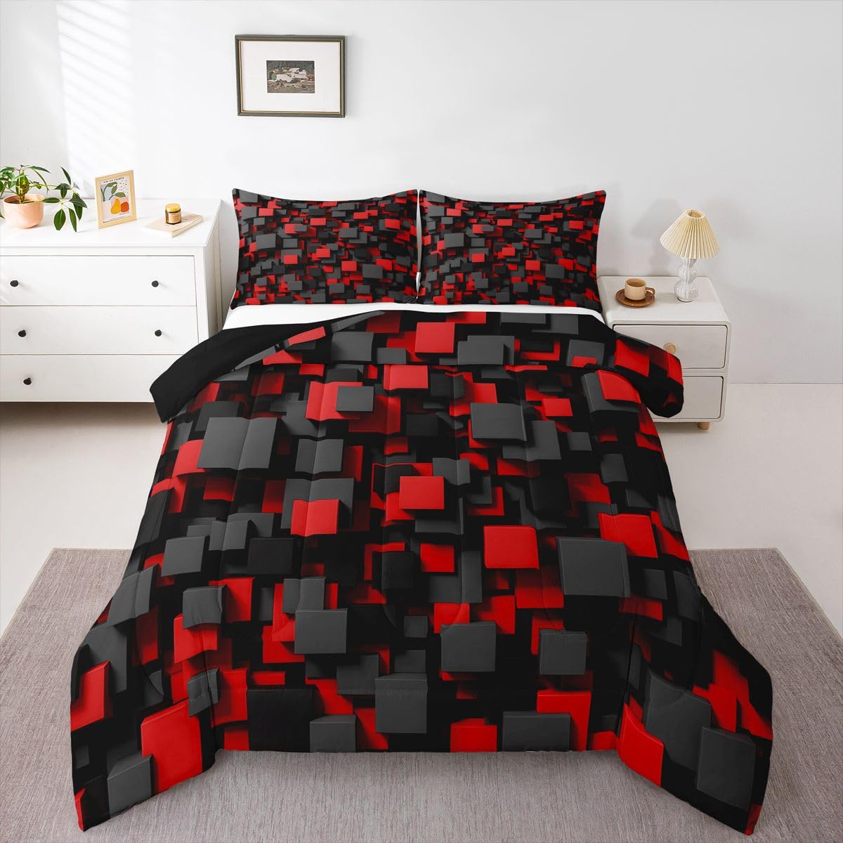 Homemissing Dzieci czerwony czarny zestaw pościeli king size geometryczna kołdra kołdra dla chłopców dziewcząt nastolatków sypialnia dekoracja abstrakcyjna nowoczesna oddychająca miękka mikrofibra