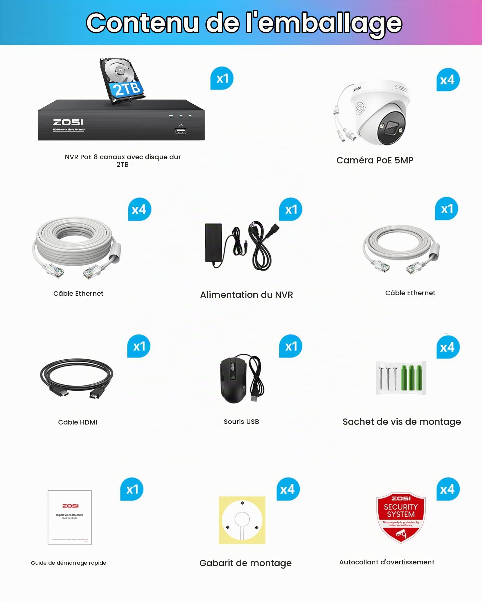 ZOSI Kit Vidéo Surveillance 4K PoE 5MP 3K Caméra avec NVR 8CH 2TB HDD